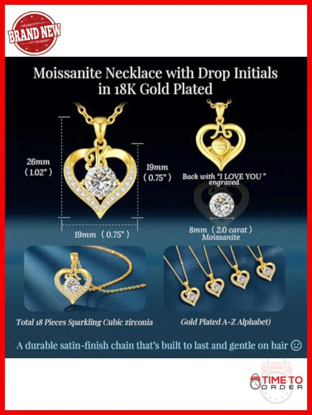925 Sterling Silver 18K Gold Plated Moissanite Pendant Necklace 2 Carat